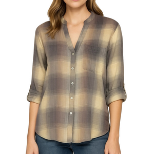 Anthropologie’s STARING AT STARS Gray & Cream Sheer Plaid Top Size S